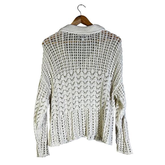 Aerie Crochet Knit Sweater Womens M Cream Lace Up V-Neck Boho Coastal Beachy - Picture 4 of 7